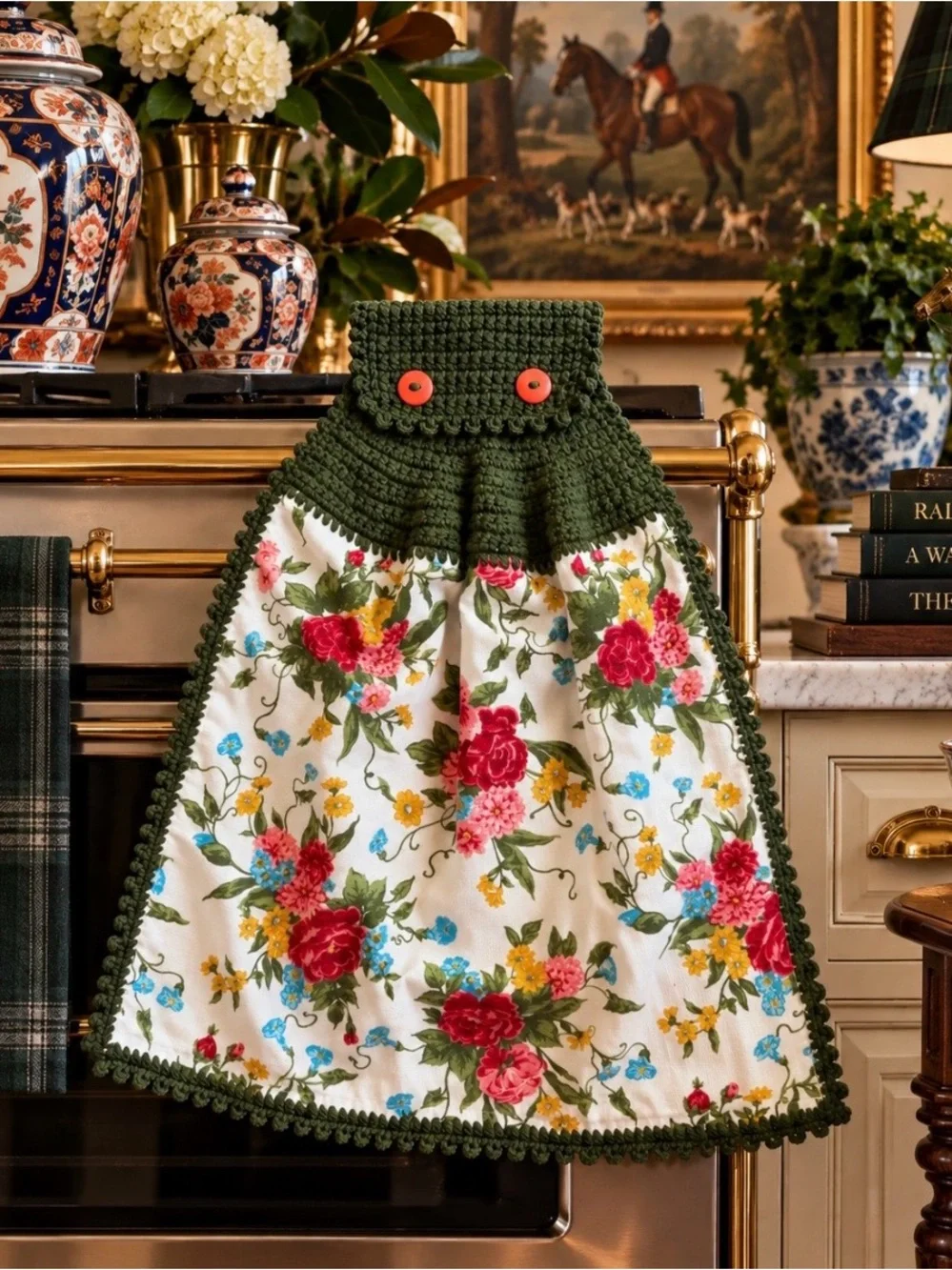 Pioneer Woman Floral Crochet Hanging Kitchen Towel Moss Green Handmade